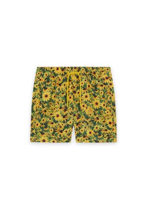 Heren zwemshorts met een felgele zonnebloemenprint en bijpassende gele trekkoord op een groene achtergrond.