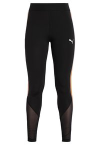 Leggings de sport noirs à coupe ajustée, avec des panneaux en maille à l'ourlet et des rayures orange et jaunes sur les côtés. Logo Puma en blanc.