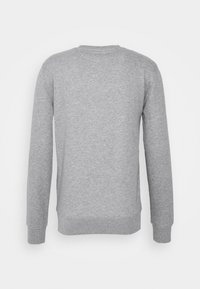 Sudadera gris de manga larga, con cuello redondeado y puños y dobladillo acanalados. Textura suave con un color sólido y sin patrones visibles ni acentos.