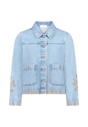 Light blue denim jacket with front buttons, two pockets, collar, and beige floral embroidery on sleeves and hem.