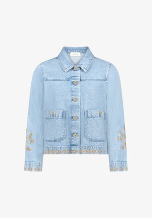 Light blue denim jacket with front buttons, two pockets, collar, and beige floral embroidery on sleeves and hem.