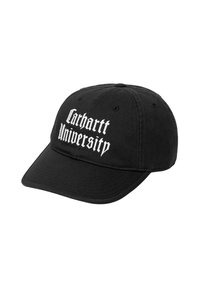 Czarna czapka z bawełny, z białym haftowanym napisem "Carthartt University" z przodu. Z wygiętym daszkiem i sześcioma panelami.