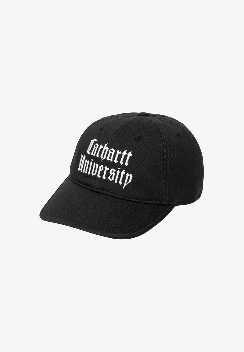 Czarna czapka z bawełny, z białym haftowanym napisem "Carthartt University" z przodu. Z wygiętym daszkiem i sześcioma panelami.