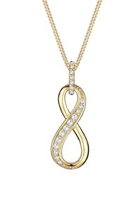 Guld infinity vedhæng halskæde med en poleret finish, prydet med en række klare krystaller langs designet, på en tekstureret kæde.