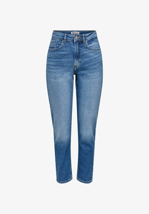 Jean bleu clair taille haute en denim, doté d'une braguette zippée, de cinq poches et d'une coupe droite avec un léger délavé sur l'ensemble.