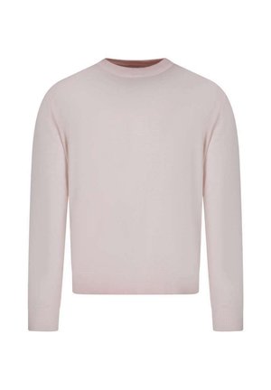 Jersey de cuello redondo y manga larga en rosa claro, con puños y bajo acanalados, mostrado sobre un fondo blanco.