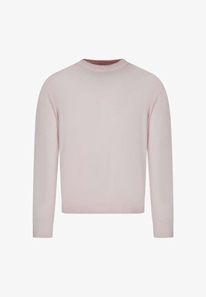 Pull rose clair à manches longues avec col rond, poignets et ourlet côtelés, présenté sur fond blanc.