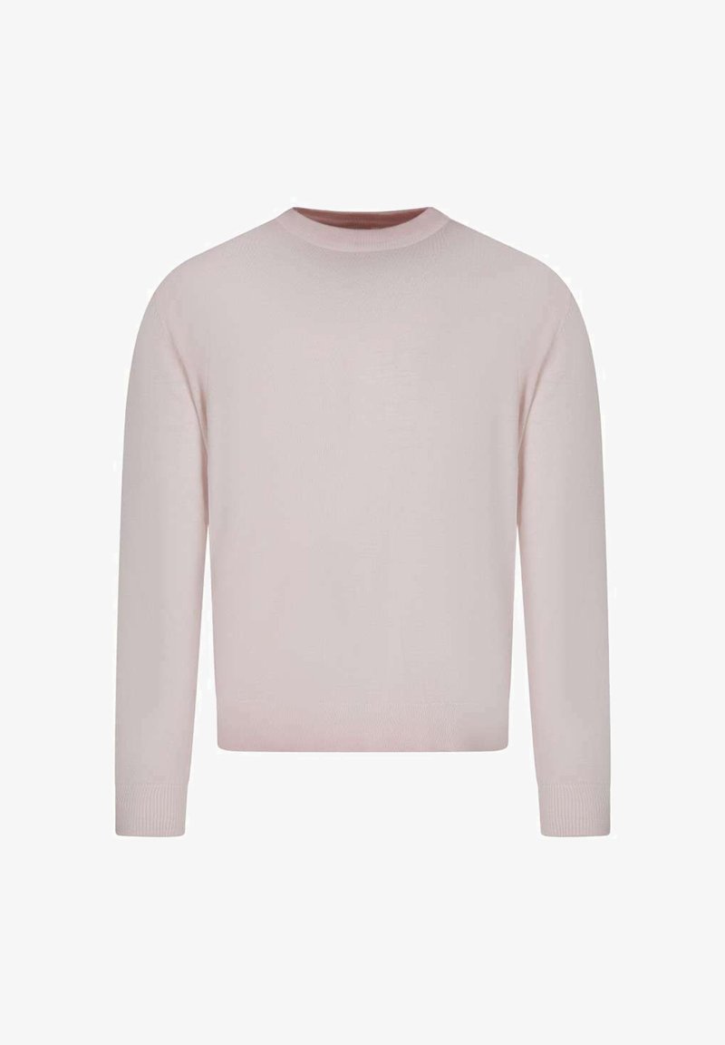 Pull rose clair à manches longues avec col rond, poignets et ourlet côtelés, présenté sur fond blanc.