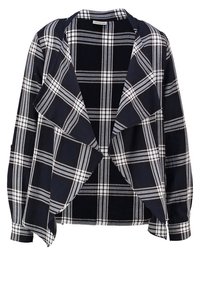 Marinblå och vit rutig öppen cardigan med långa ärmar och draperad design, med ett lätt material och kontrasterande rutmönster.