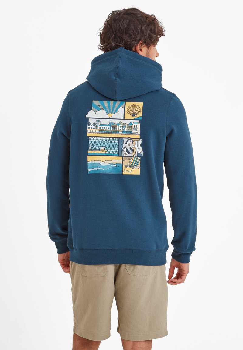 Navy blue hooded sweatshirt with graphic design on back featuring beach scenes and shells, made of cotton blend fabric, standard fit.