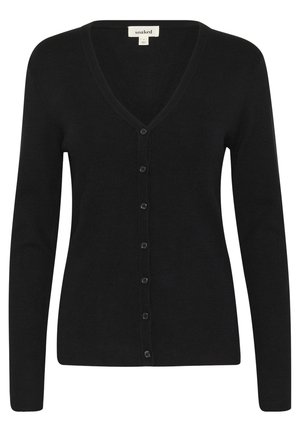 Schwarze Strickjacke mit V-Ausschnitt, langen Ärmeln, vorderer Knopfleiste und gerippten Kanten. Weiches Strickmaterial mit glatter Textur.