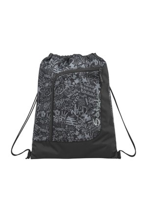 Black drawstring backpack with front zip pocket featuring gray graffiti-style text and abstract patterns.