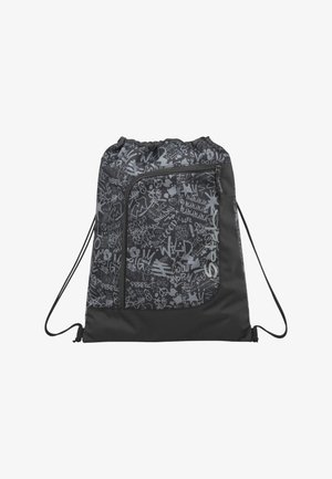 Black drawstring backpack with front zip pocket featuring gray graffiti-style text and abstract patterns.