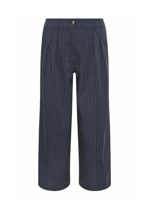 Pantalones recortados azul marino con rayas verticales blancas, cierre con botones y detalles delanteros plisados.