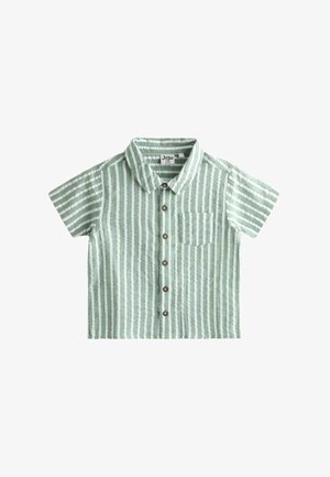 Lühikeste varrukatega rohelise ja valge vertikaaltriibulise mustriga beebisärk, millel on krae, ees nupud ja rinnatasku.