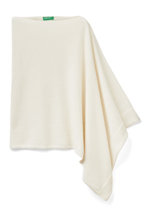 Light beige poncho made of soft knit fabric. Features a loose, draped design with ribbed accents along the edges.