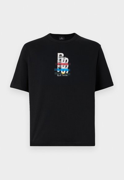 Czarna bawełniana koszulka z okrągłym dekoltem, ozdobiona kolorową grafiką i napisem, który zawiera motyw zebry oraz "Paul Smith".