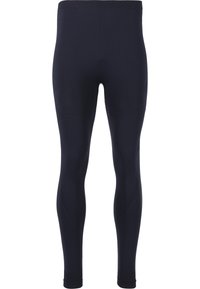 Granatowe legginsy wykonane z elastycznego materiału o gładkiej fakturze, z wysokim stanem i dopasowanym krojem, zapewniającym smukły wygląd.