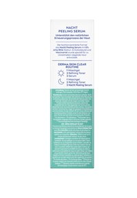 White rectangular packaging for a night peeling serum. Text in blue and green details ingredients and usage instructions. Flat surface, glossy finish.