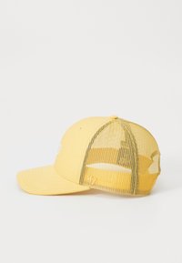 Yellow baseball cap with a solid front, mesh back, and flat brim. Features embroidered logo on the front and adjustable snap closure.