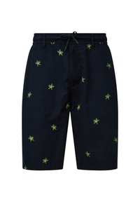 Marineblaue Baumwollshorts mit grünen, gestickten Palmenmotiven, einem elastischen Bund mit Kordelzug und seitlichen Taschen.
