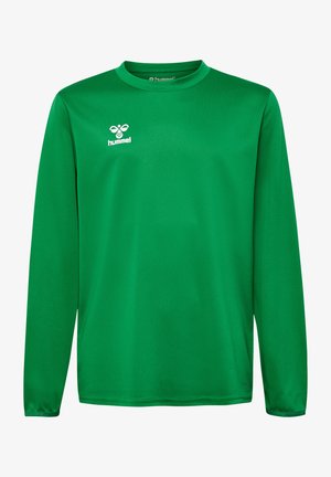 Langarmige groene sportshirt gemaakt van glad, ademend materiaal. Heeft een ronde hals en een klein wit logo op de borst.