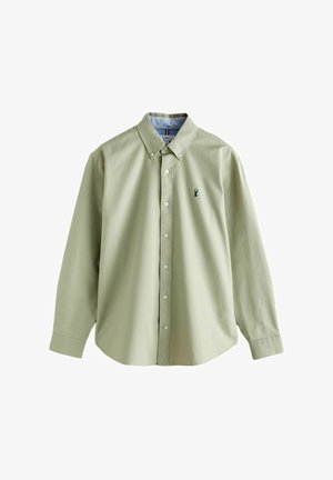 Camicia verde chiaro a maniche lunghe con bottoni, colletto con botone e piccolo logo di un'aragosta ricamato in scuro sul lato sinistro del petto.