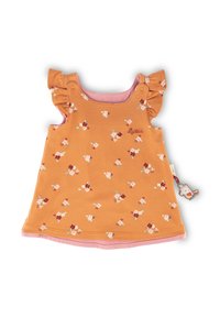 Orange Baumwolloberteil mit Blumenmuster, Rüschenträgern und einem pinken Futter. Verfügt über ein Logodetail und ein dekoratives Etikett mit einem Cartoon-Tier.