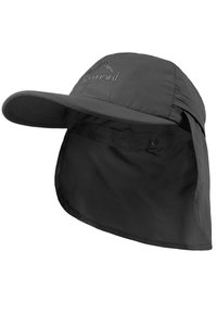 Schwarzer Sonnenhut für draußen mit breiter Krempe und verlängertem Nackenflügel. Hergestellt aus leichtem Stoff, verfügt über ein Logo und einen verstellbaren Riemen.