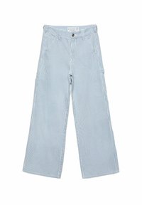 Pantalones de pierna ancha hechos de una tela con rayas verticales azules y blancas. Cuentan con un cierre de botón, lazos para cinturón y bolsillos laterales.