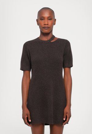 Knit brown dress with short sleeves, ribbed texture, and a round neckline featuring a distinctive cutout detail on the left shoulder.