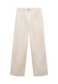 Beige wijde broek van katoen, met een elastische tailleband met trekkoord en twee zijzakken. Gladde textuur, op maat gemaakt ontwerp.