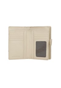 Portafoglio beige con protezione RFID, dotato di texture in pelle, numerosi scomparti per carte e una finestra per documento chiara. Presenta dettagli cuciti e una chiusura a pulsante.