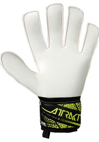 Torwarthandschuh mit einer weißen Latex-Handfläche, schwarzem Handgelenkriemen mit neongelben Akzenten und einem strukturierten Muster, entwickelt für Griffigkeit und Schutz.