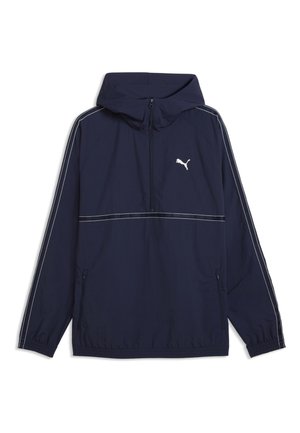 Dark blue hooded Puma jacket with white logo on chest, front zipper, side pockets, and white piping along sleeves and chest.