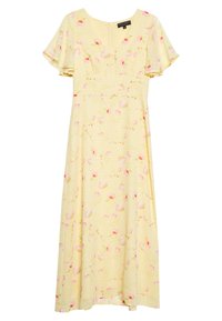 Yellow floral dress with short flutter sleeves, V-neckline, and waist seam. Features pink and green floral prints on a textured background.