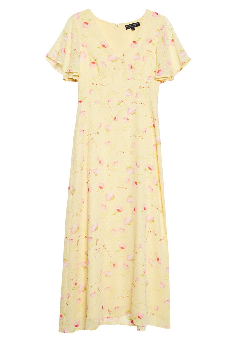 Yellow floral dress with short flutter sleeves, V-neckline, and waist seam. Features pink and green floral prints on a textured background.