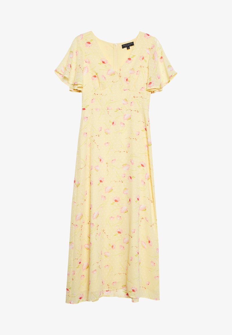 Yellow floral dress with short flutter sleeves, V-neckline, and waist seam. Features pink and green floral prints on a textured background.