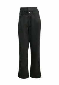 Pantalones negros de corte holgado, con cintura elástica, dos bolsillos delanteros y una textura suave sin patrones ni detalles visibles.
