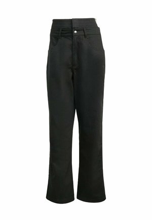 Black pants with a relaxed fit, featuring an elastic waistband, two front pockets, and a smooth texture without visible patterns or detailing.