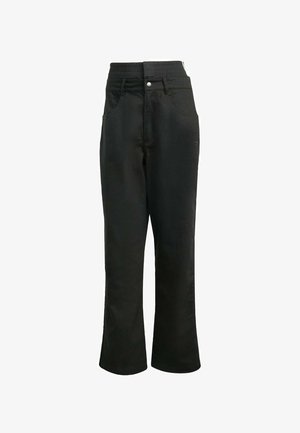 Pantaloni neri con vestibilità rilassata, caratterizzati da una cintura elastica, due tasche frontali e una texture liscia senza motivi o dettagli visibili.