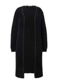 Mustasukkainen neuletakki, jossa on pitkät hihat, avoin etuosa ja teksturoitu kangas. Sisältää kontrastisia valkoisia tikkejä reunoissa.