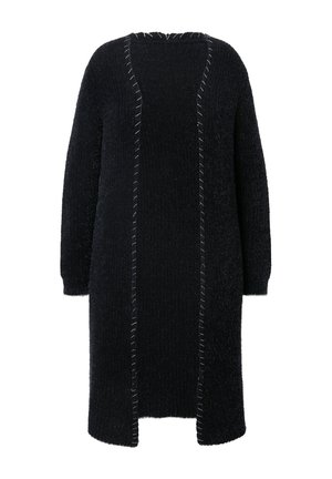Schwarze gestrickte Strickjacke mit langen Ärmeln, offener Vorderseite und strukturiertem Stoff. Verfügt über kontrastierende weiße Nähte entlang der Kanten.
