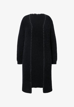 Cardigan negro de punto con mangas largas, abertura frontal y tejido texturizado. Presenta costuras en blanco contrastantes a lo largo de los bordes.