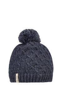 Knitted dark blue beanie with a textured pattern, featuring a round pom-pom on top and a small fabric label on the side.