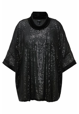 Top in stile poncho nero con colletto alto, decorato con paillettes verticali per un effetto scintillante, con maniche ampie e rifinitura in velluto.