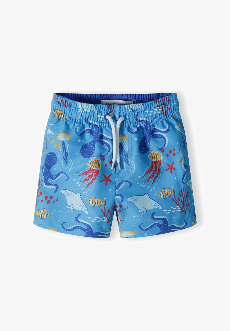 Mėlynos maudymosi šortai su ryškiu jūriniu raštu, kuriame pavaizduoti aštuonkojai, medūzos, žuvys ir koralai. Elastingas juosmuo su raišteliu.