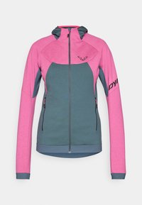 Fitted hooded jacket with a pink upper and teal lower panels. Features zip closure and pockets; made from textured, breathable fabric.