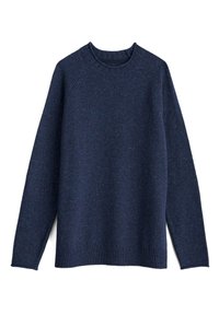 Dunkelblauer Pullover aus strukturiertem Strickstoff, mit Rundhalsausschnitt, langen Ärmeln und gerippten Bündchen sowie Saum.