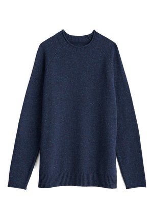 Navy blue sweater made of textured knit fabric, featuring a crew neckline, long sleeves, and ribbed cuffs and hem.